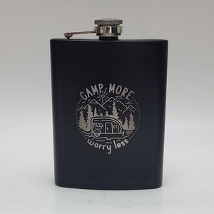 NWOT Flask, stainless steel, black, 8 oz., laser engraved with Camp More Saying